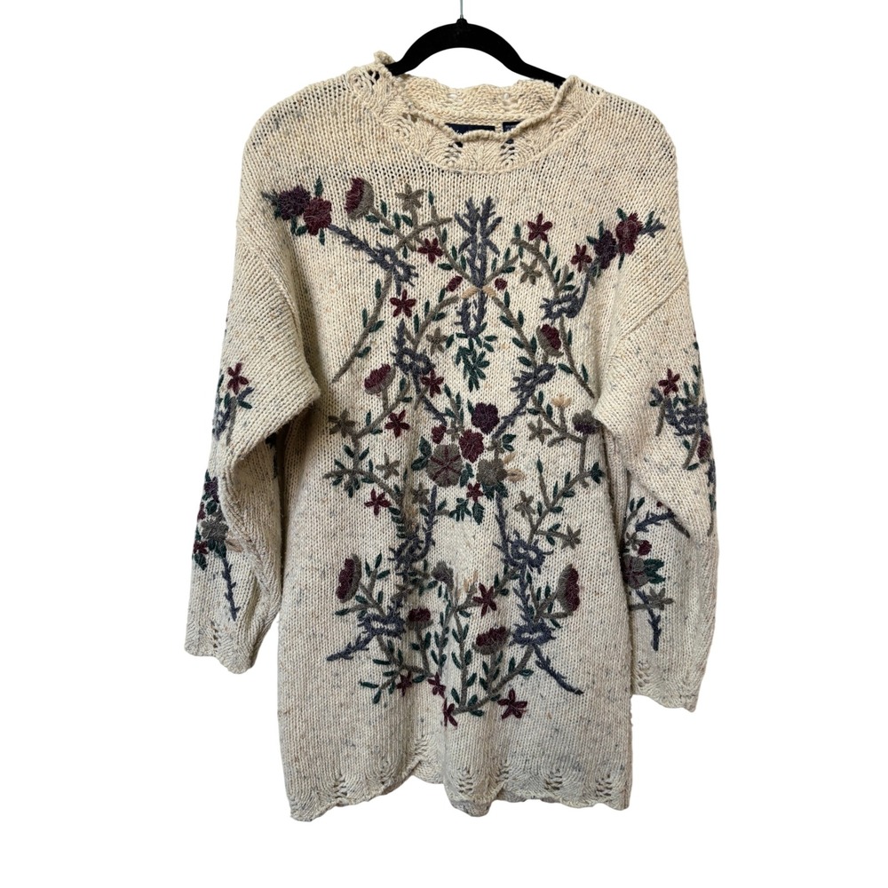 Weekend Edition Vintage Embroidered Floral Tunic Sweater Cream Oatmeal Small